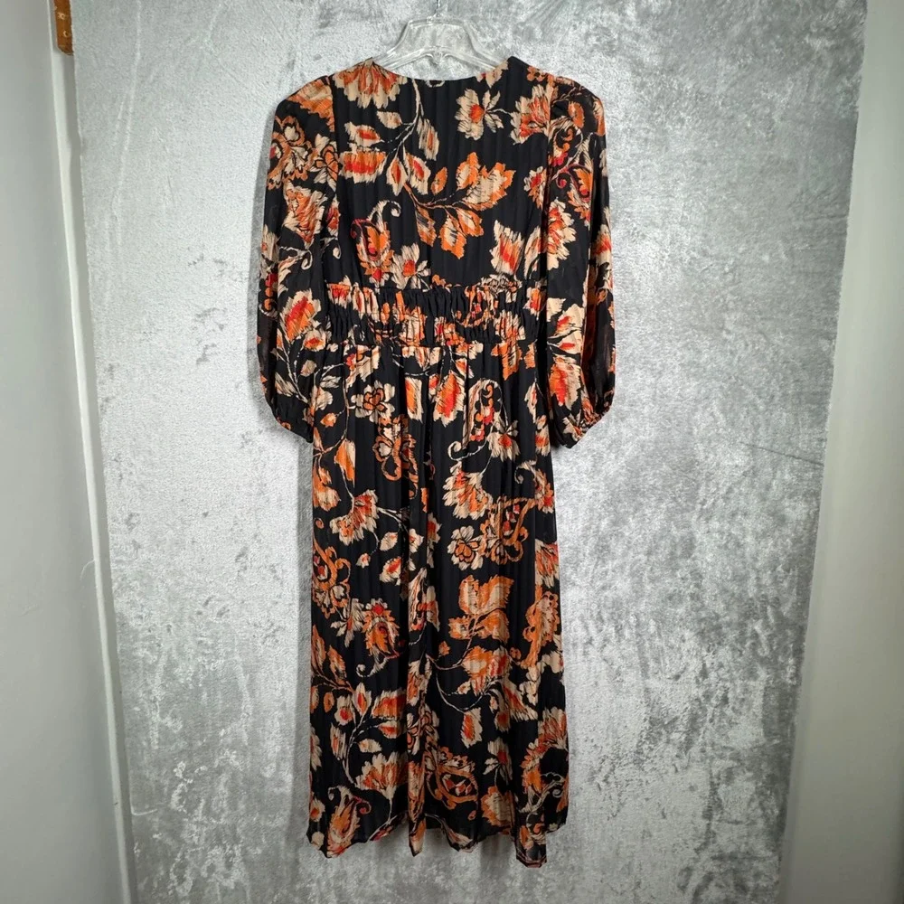 Maison Tara Dress Floral Print Midi Long Sleeve V Neck Black‎ Orange Size 6